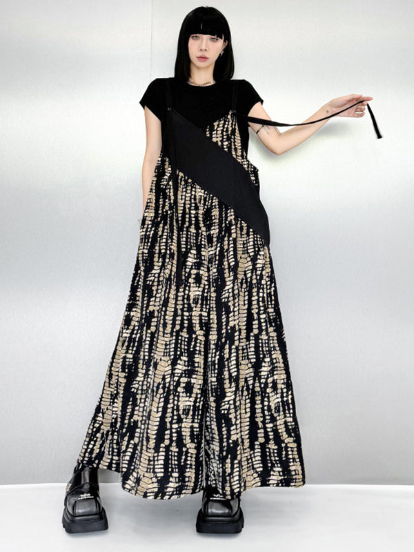 Asymmetric Contrast Color Printed Split-Joint Loose Sleeveless Spaghetti-Neck Overalls