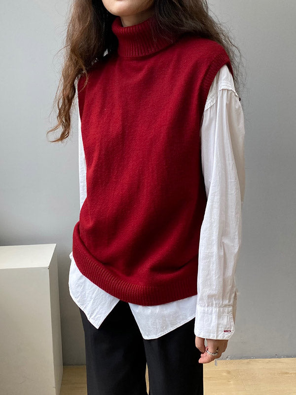 Simple Loose Solid Color High-Neck Knitting Vest Top