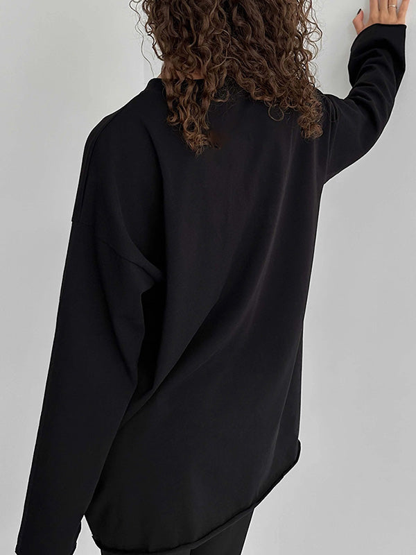 Solid Color Long Sleeves Loose Round-Neck T-Shirts Tops