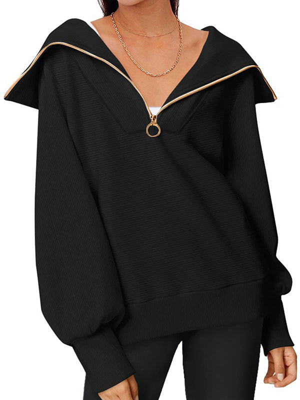 Solid Color Zipper Long Sleeves Loose Lapel Sweatshirt Tops