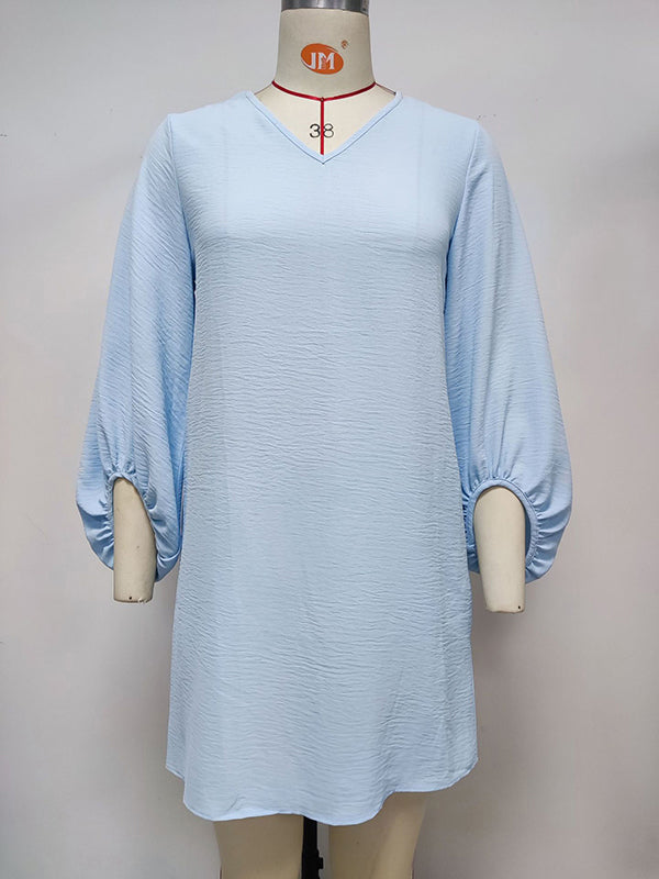 Ruffled Solid Color Loose Puff Sleeves V-Neck Mini Dresses