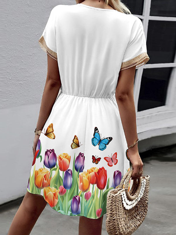 Butterfly Print Elasticity Hollow Split-Joint Tasseled Tied Waist A-line Loose V-neck Mini Dresses