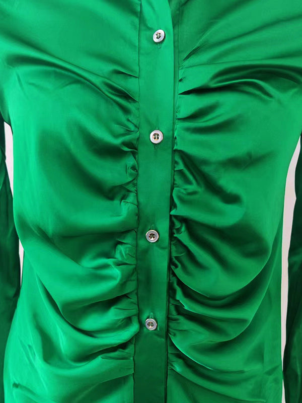 Pleated Solid Color Long Sleeves Lapel Blouses&shirts Tops