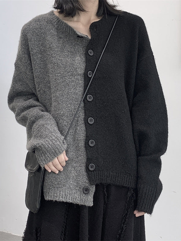 Asymmetric Buttoned Contrast Color Split-Joint Long Sleeves Loose Round-Neck Cardigan Tops