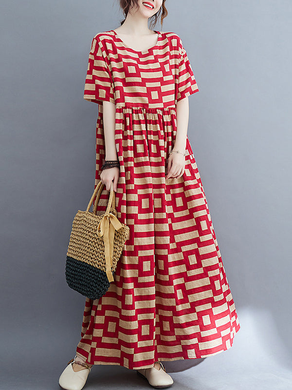 Plaid Loose Short Sleeves Round-Neck Midi Dresses