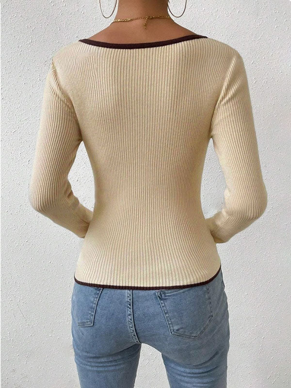 Contrast Color Pleated Split-Joint Long Sleeves Skinny V-Neck T-Shirts