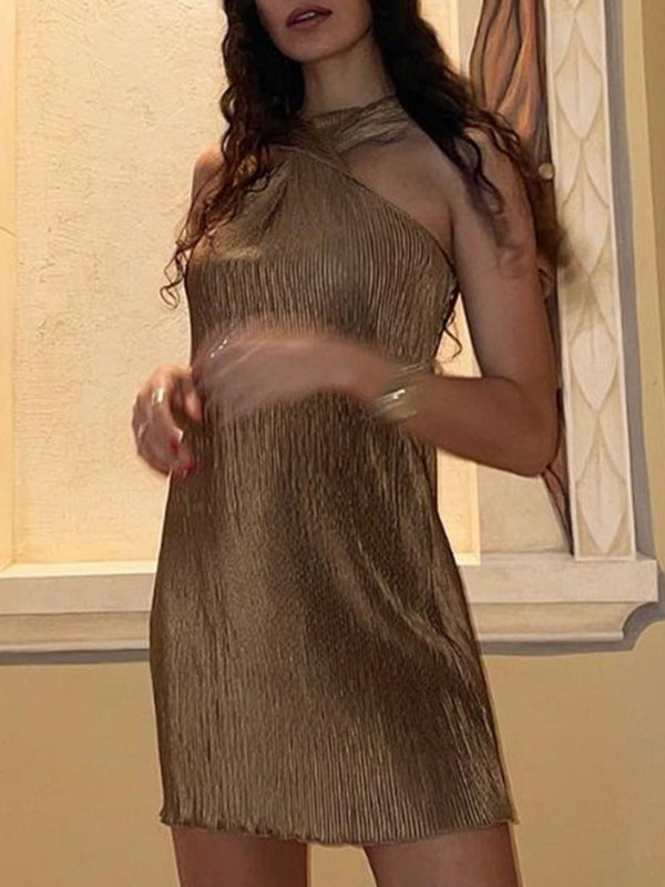 Pleated Solid Color Split-Side Loose Sleeveless Round-Neck Mini Dresses