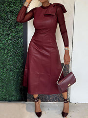 Bowknot Solid Color Split-Joint A-Line Long Sleeves Round-Neck Midi Dresses
