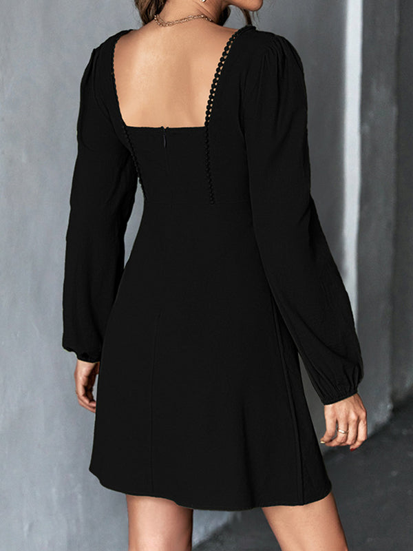 Solid Color Split-Joint A-Line High Waisted Square-Neck Mini Dresses