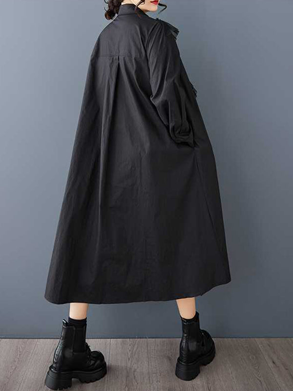 Buttoned Split-Joint A-Line Long Sleeves Lapel Shirt Dress Midi Dresses