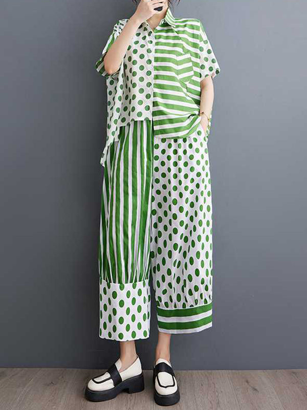 High-Low Asymmetric Half Sleeves Contrast Color Polka-Dot Split-Side Striped Lapel Blouses Top + Pants Bottom Two Pieces Set