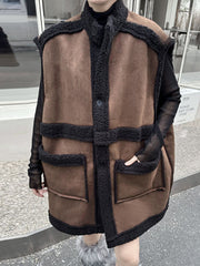 Buttoned Contrast Color Pockets Reversible Velvet Loose Sleeveless Stand Collar Vest Outerwear