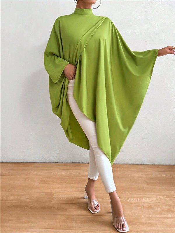 Asymmetric Solid Color Split-Joint Batwing Sleeves Loose High Neck Shirts Tops