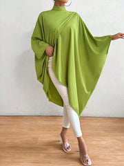 Asymmetric Solid Color Split-Joint Batwing Sleeves Loose High Neck Shirts Tops