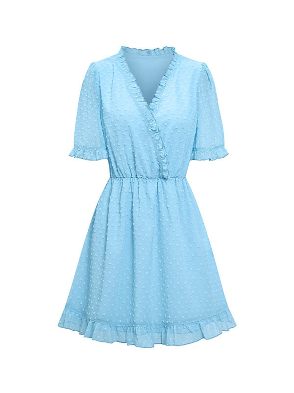 Jacquard Ruffled Solid Color A-Line Loose V-Neck Mini Dresses