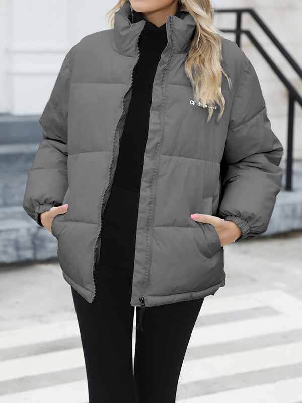 Keep Warm Quilted Solid Color Zipper Long Sleeves Loose High Neck Padded Coat