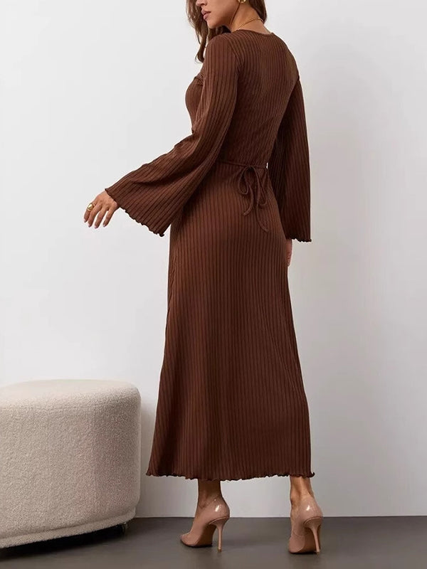 Pleated Ruffled Solid Color Split-Joint Long Sleeves Round-neck Maxi Dresses