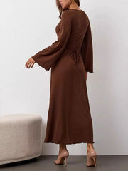 Pleated Ruffled Solid Color Split-Joint Long Sleeves Round-neck Maxi Dresses