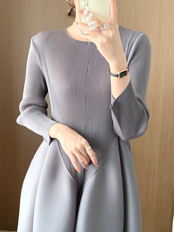 Pleated Solid Color Split-Joint A-Line Loose Round-Neck Midi Dresses