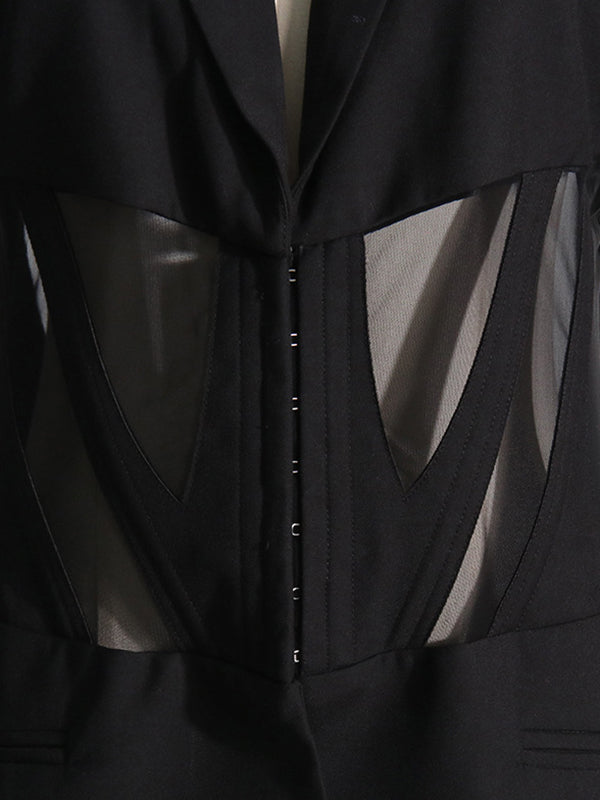 Buckle Gauze See-Through Solid Color Split-Joint Long Sleeves Notched Collar Blazer