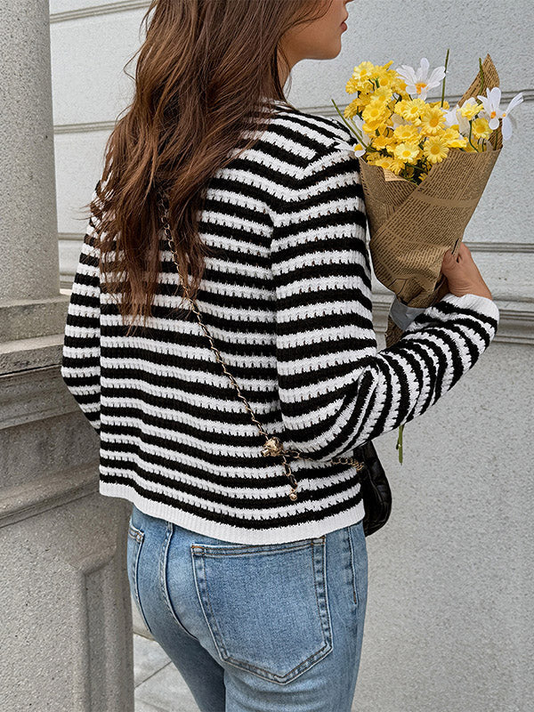 Buttoned Contrast Color Pockets Single-Breasted Striped Long Sleeves Skinny Collarless Outerwear Cardigan Tops