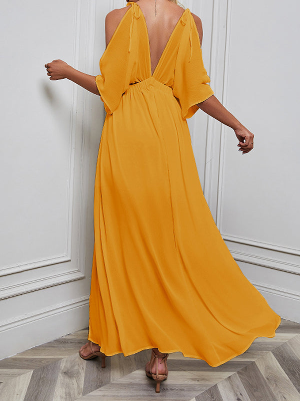Solid Color Split-front Batwing Sleeves Loose Deep V-Neck Maxi Dresses