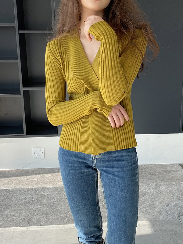 Knot Solid Color Long Sleeves Loose V-Neck Sweater Tops Pullovers