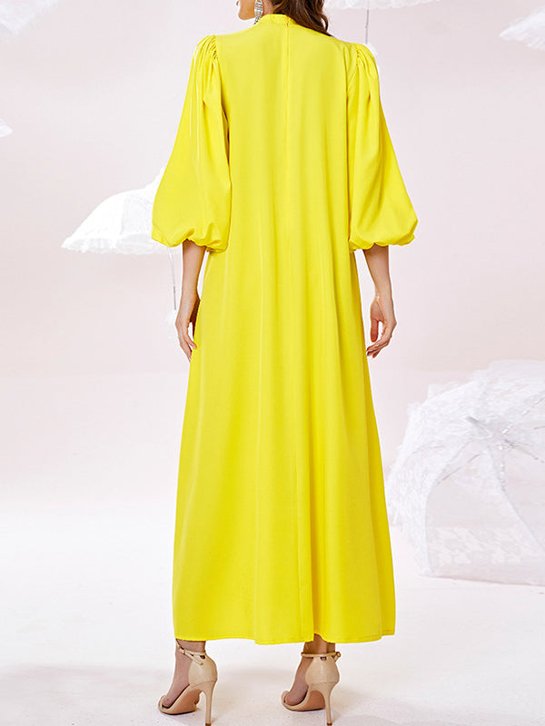 Hollow Rhine Stones Solid Color Bishop Sleeve Loose Mock Neck Maxi Dresses