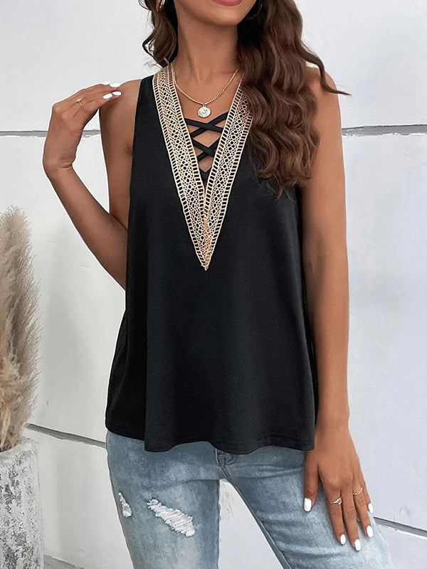 Hollow Split-Joint Loose Sleeveless V-Neck Vest Top