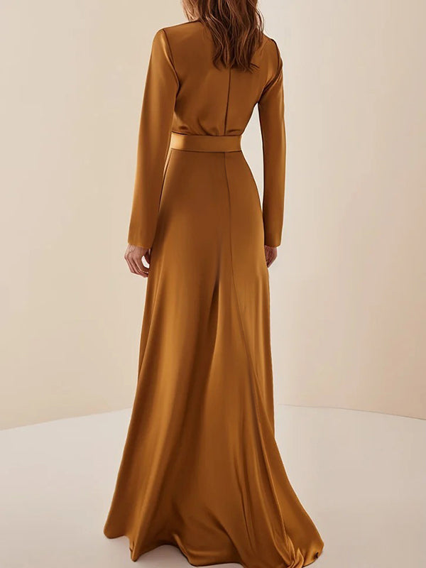 Pleated Shiny Solid Color Split-Joint Tied Waist Long Sleeves Loose High Neck Maxi Dresses Evening Dresses