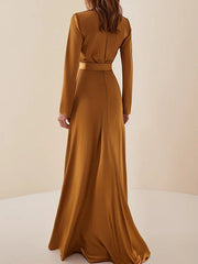 Pleated Shiny Solid Color Split-Joint Tied Waist Long Sleeves Loose High Neck Maxi Dresses Evening Dresses