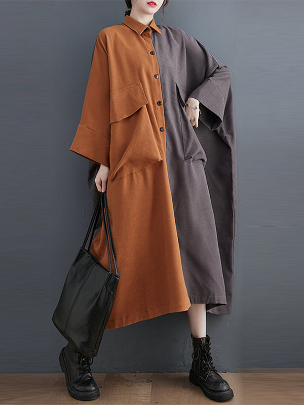 Original Creation Loose Long Sleeves Buttoned Contrast Color Lapel Collar Midi Dresses