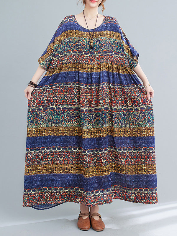 Batwing Sleeves Raglan Sleeve Printed Striped Round-Neck Midi Dresses