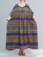 Batwing Sleeves Raglan Sleeve Printed Striped Round-Neck Midi Dresses