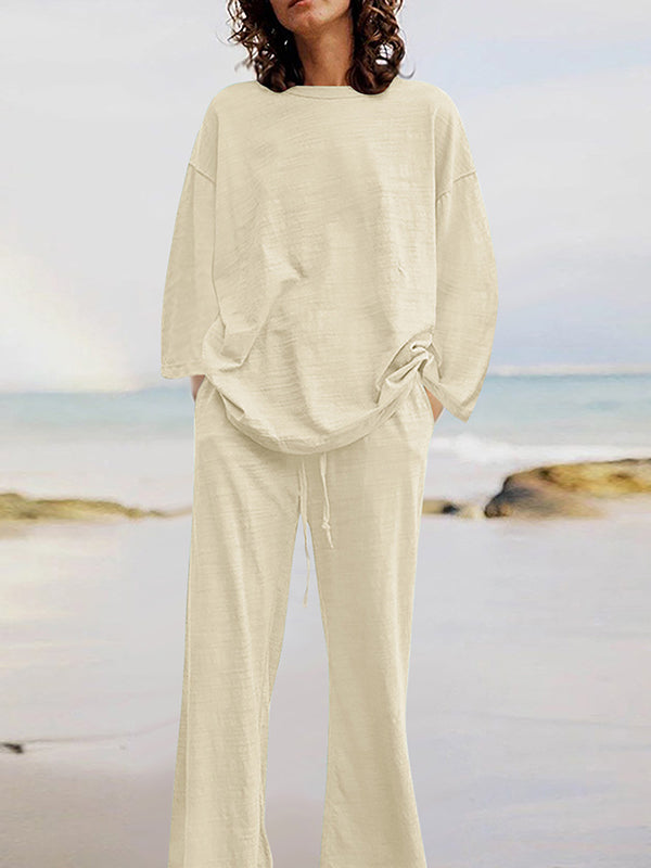 Solid Color Loose Round-neck Long Sleeves Shirts Top + Drawstring Pants Bottom Two Pieces Set