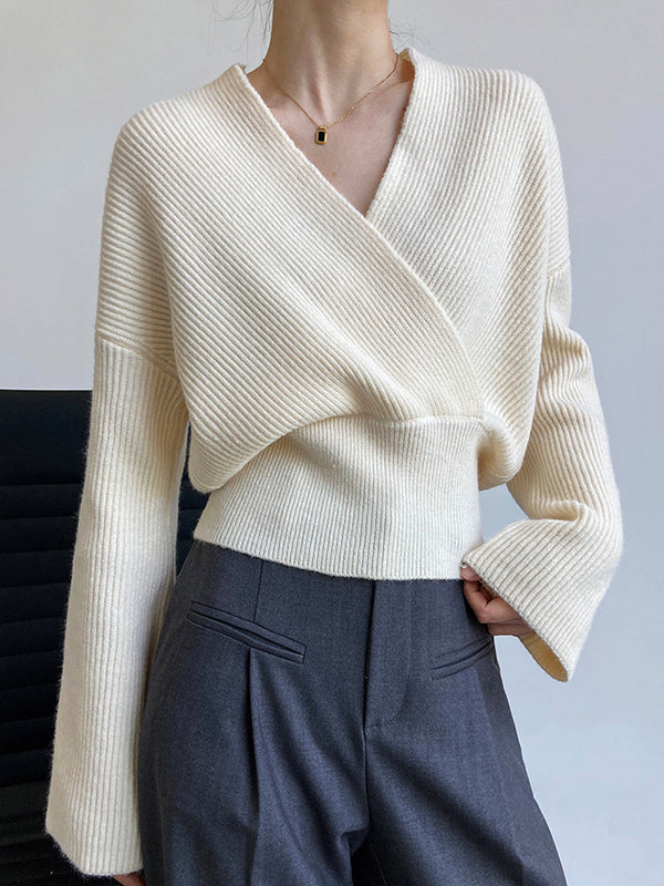 Casual Long Sleeves Loose Solid Color Cross V-Neck Sweater Tops