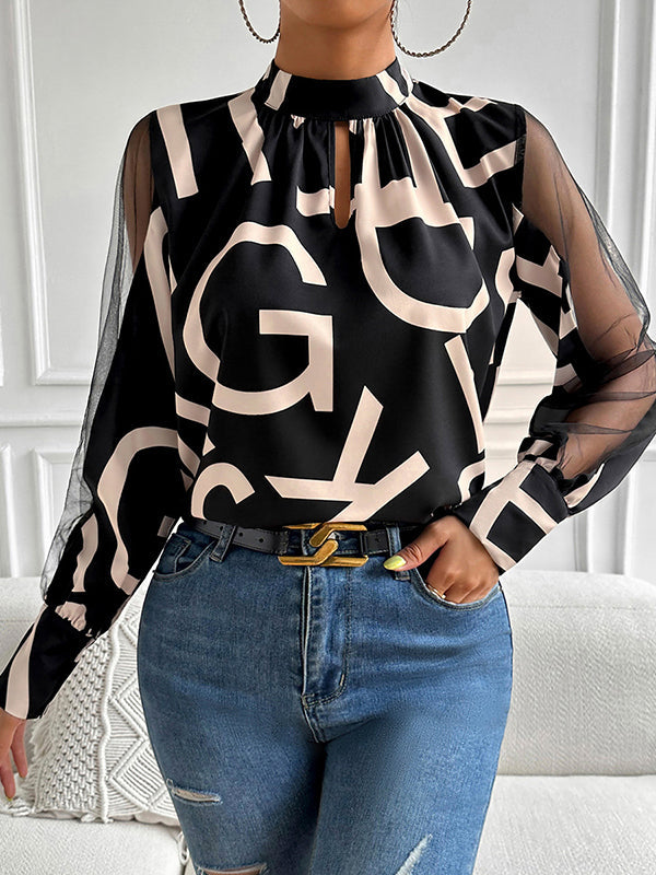 Hollow Letter Print Mesh See-Through Long Sleeves Round-neck Shirts Tops Blouses&shirts Tops