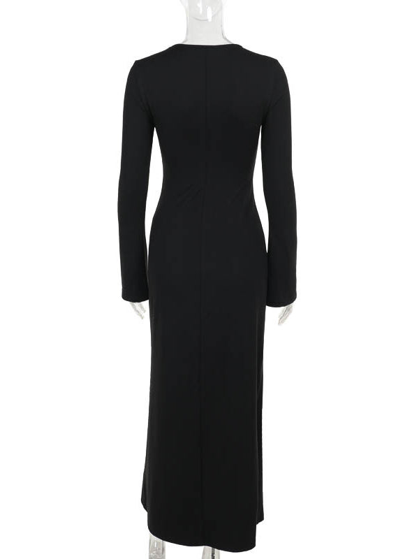 Asymmetric Solid Color Split-Joint Split-Side Long Sleeves Loose Round-Neck Maxi Dresses