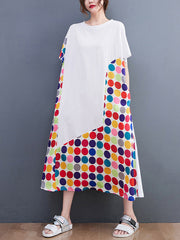 Multi-Colored Polka-Dot Split-Joint Loose Short Sleeves Round-Neck Midi Dresses