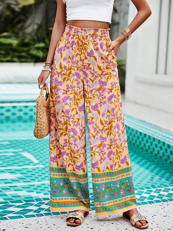 Elasticity Flower Print Pleated Pockets High Waisted Loose Trousers Pants
