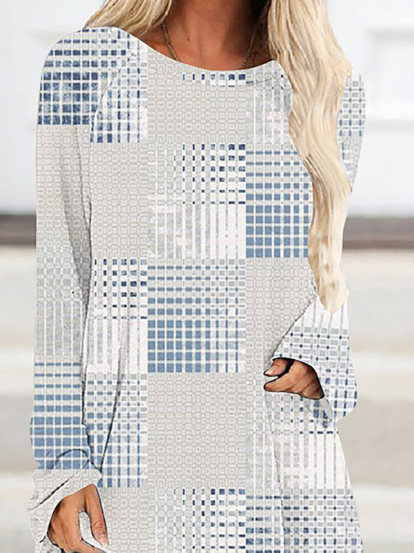 Plaid Printed High-Low Long Sleeves Round-Neck T-Shirts Tops
