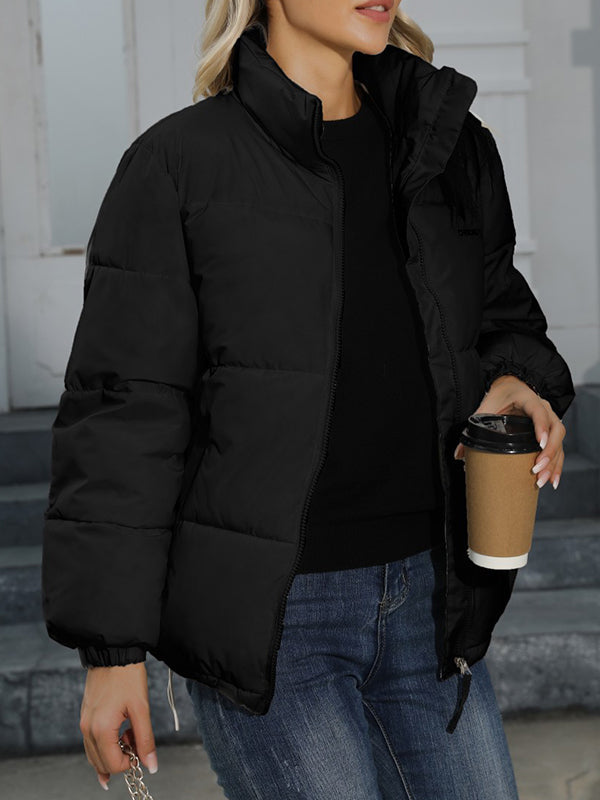 Keep Warm Quilted Solid Color Zipper Long Sleeves Loose High Neck Padded Coat