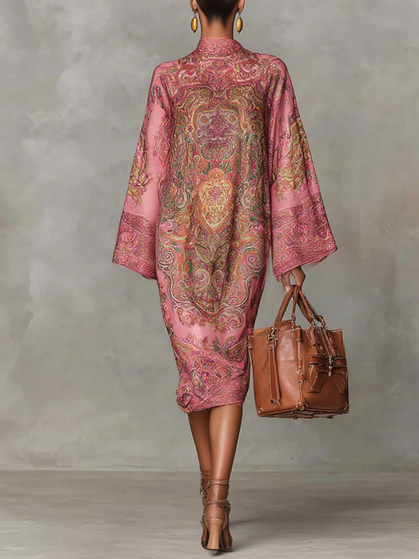 Contrast Color Printed Long Sleeves Loose Mock Neck Midi Dresses
