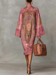Contrast Color Printed Long Sleeves Loose Mock Neck Midi Dresses