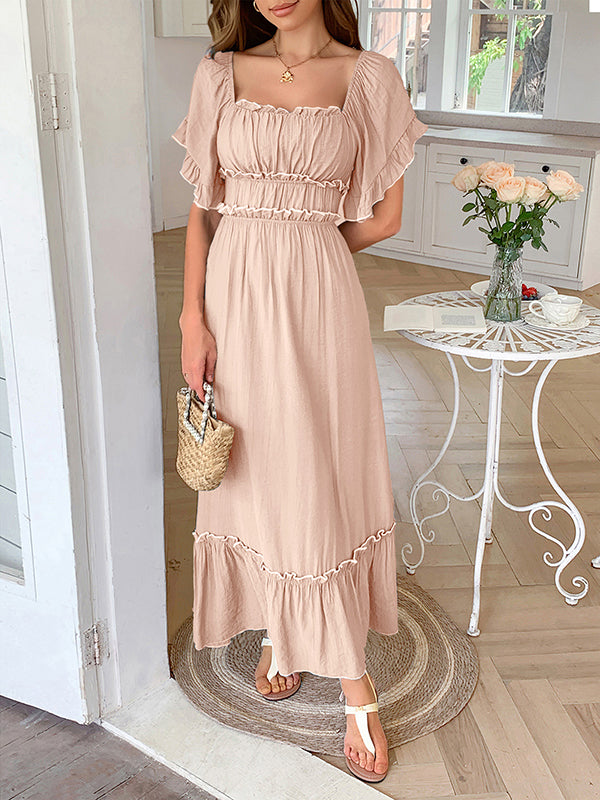 Pleated Ruffle Trim Split-Joint Zipper A-Line High Waisted Square-Neck Midi Dresses