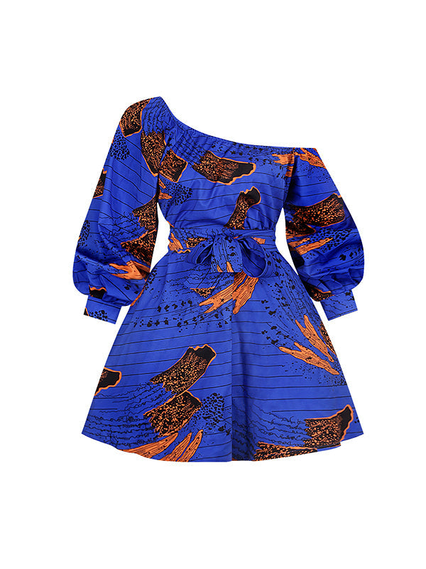 Elasticity Printed Tied Waist High Waisted Loose One-Shoulder Mini Dresses