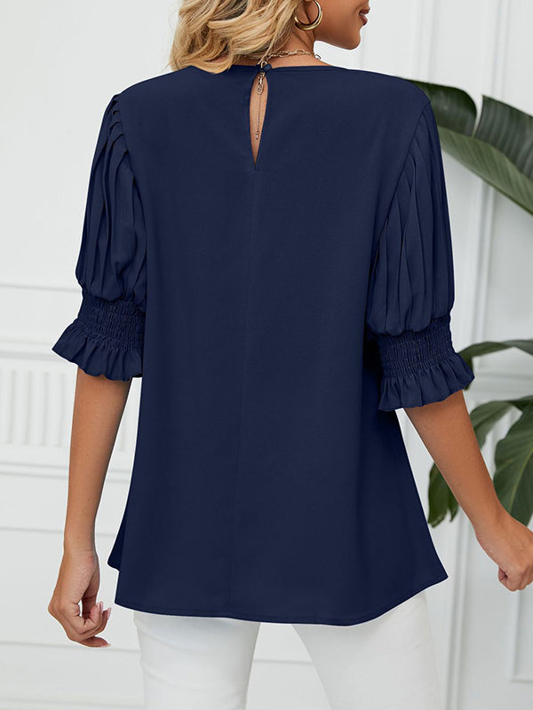 Pleated Solid Color Loose Puff Sleeves Round-Neck T-Shirts Tops