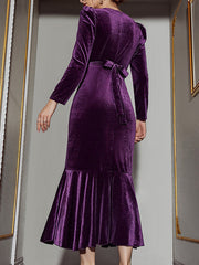 Belted Solid Color Zipper Mermaid Wrap Round-Neck Midi Dresses