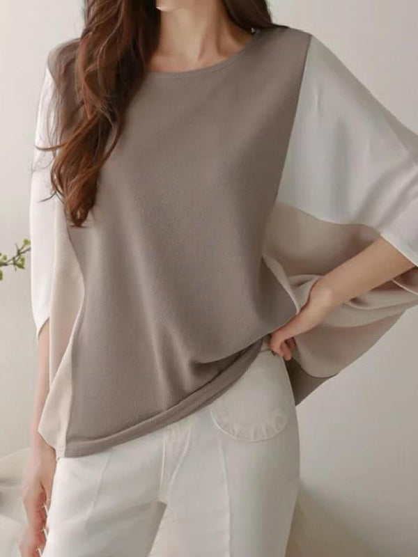 Contrast Color Split-Joint Batwing Sleeves Loose Round-Neck T-Shirts Tops