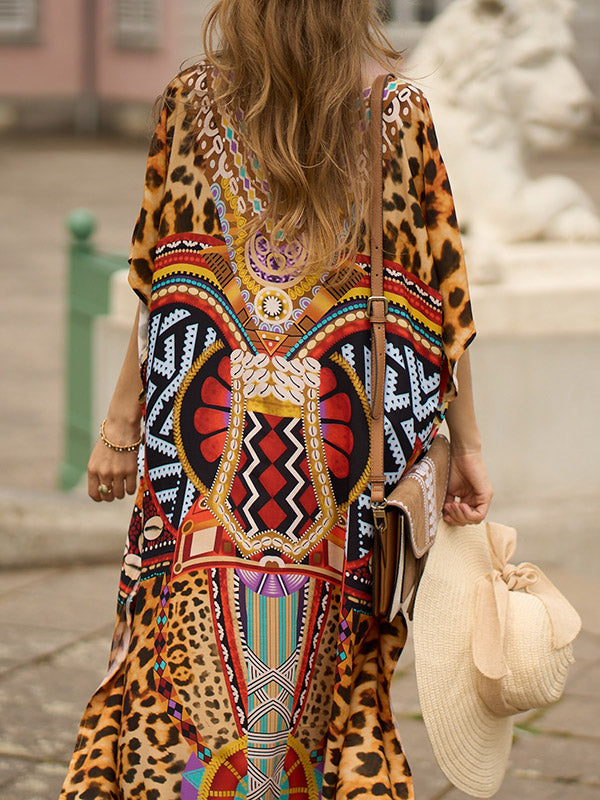Leopard Printed Split-side Batwing Sleeves Loose V-neck Maxi Dresses Beach Cover-Up